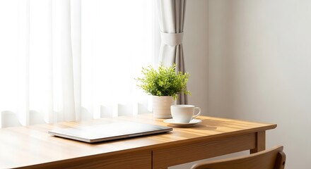 Serene workspace with laptop, coffee, and plant by a sunlit window, evoking productivity and calmness
