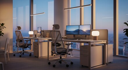 Modern office space with sleek desks and cityscape view at dusk, exuding productivity and sophistication.
