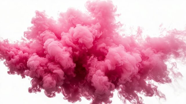 A vibrant cloud of pink smoke explodes against an isolated white background, creating an artistic effect