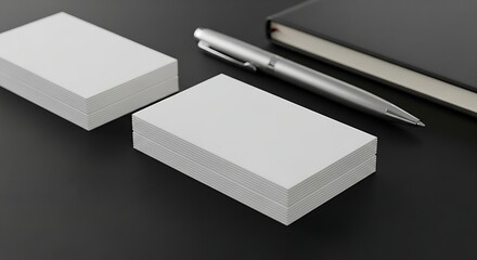Two stacks of blank business cards with a silver pen on a sleek black background
