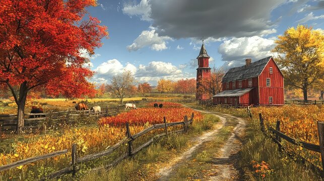 Farm life changing seasons, visible crop rotation, tree color shifts, livestock behaviors adjusting, full-year rural cycle displayed through weather and farming activity