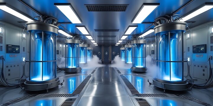 Futuristic sci-fi laboratory corridor featuring glowing blue cryogenic pods with mist and neon lighting, symbolizing advanced cloning, biotechnology, and future medical technology.

 - Powered by Adobe