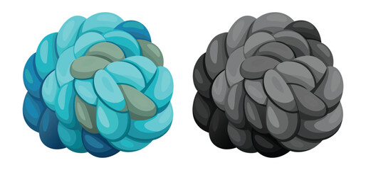 Two stylized abstract formations with braided effect presented in contrasting vibrant blue and grayscale variations.