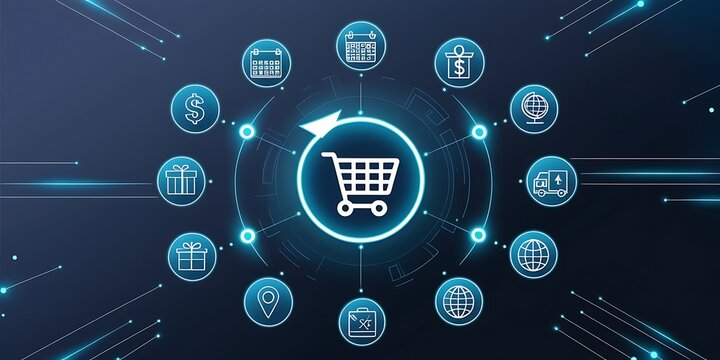 Futuristic digital illustration showing a glowing shopping cart icon in the center of a virtual interface, symbolizing online shopping, e commerce network, and digital retail technology.

