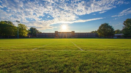 A large, green, grassy field with a building in the background under a cloudy sky with a sun shining through.