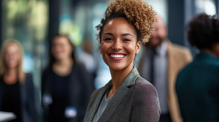 A smiling businesswoman in a suit standing in a modern office with colleagues in the background.