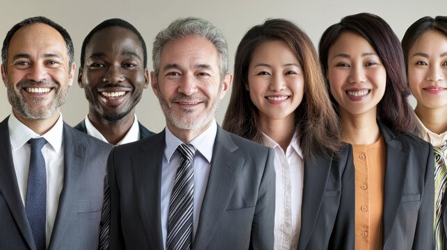 A diverse group of business professionals standing together in a row, smiling and wearing suits and ties.