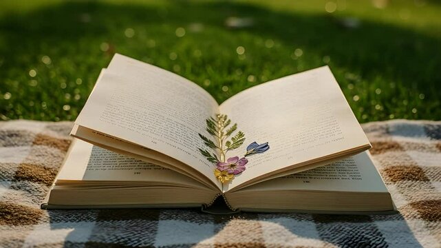Opening Book with Pressed Flowers on Blanket in Garden Close Up