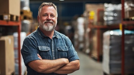 Obraz premium A man in a blue denim shirt standing in a warehouse with arms crossed.