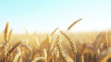 Golden wheat field under clear blue sky
