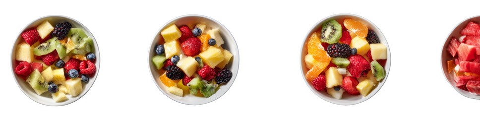Fresh fruit salad bowls offering a healthy mix of colorful berries, melon, kiwi, and more for a vibrant and delicious dessert.