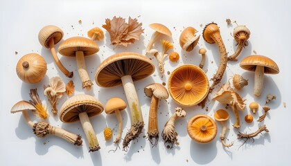 Assorted Wild Mushrooms Displayed on White Surface with Natural Sunlight