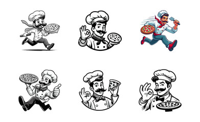Chef Pizza Cartoon retro logo icon design illustration