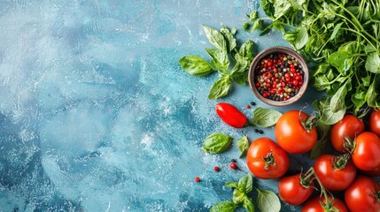 Fresh tomatoes and basil leaves on a blue background. The vegetables are vibrant and healthy, with a rustic, natural feel.