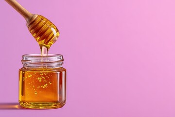 Drizzling golden honey from a wooden dipper 