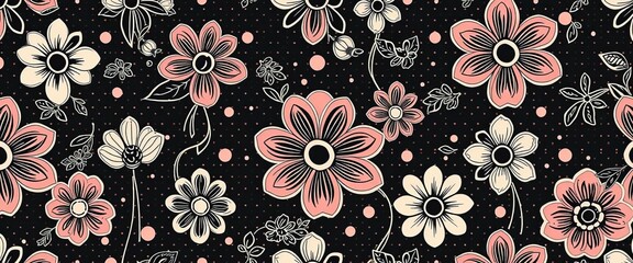 Seamless vector floral line art pattern with polka dots; repeating design ideal for textile, wallpaper, packaging, retro, textile design