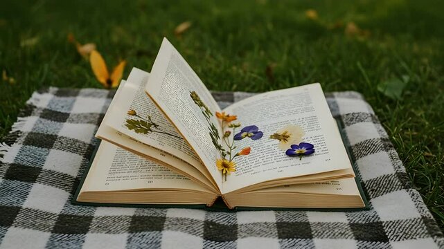 Open Book with Pressed Flowers on Picnic Blanket on Lawn