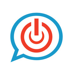 Red power symbol inside blue speech bubble communication