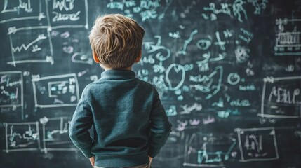 A young boy standing in front of a chalkboard filled with mathematical equations and diagrams.
