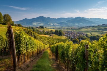 Naklejka premium The picturesque vineyard scenery, bathed in the sunlight, is a sight to behold. The lush green vines and rolling hills stretch out beneath a clear blue sky, with the distant mountains providing a bac