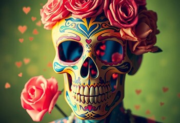 Vibrant sugar skull with roses & hearts, double exposure Day of the Dead style,  day of the dead,  texture