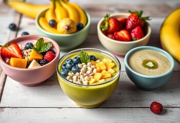 Vibrant tropical fruit smoothie bowls in colorful bowls on rustic wooden background,   healthy eating,  healthy food