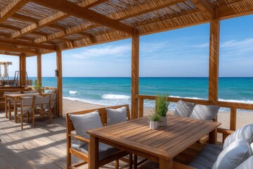 Outdoor restaurant with wooden furniture  open view of ocean under pergola