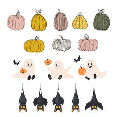 Halloween themed set with ghost, skull, pumpkin and bats.
