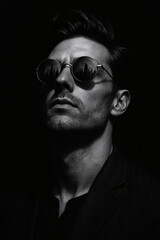 Obraz premium Monochrome portrait of a man gazing upwards with a cityscape reflected in his round sunglasses, evoking a sense of urban introspection.