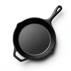 A pristine cast iron skillet on a white background, ideal for cooking and kitchen decor