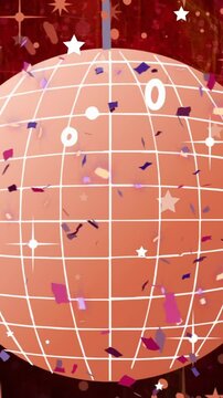 Animation of white christmas stars and pink new year confetti with pink mirror ball on black