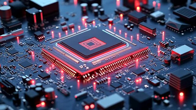 Circuitry with central chip, glowing red details on blue board