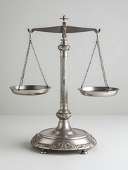 Classic metallic balance scale standing upright on neutral background, symbolizing justice, fairness, law, and legal decisions, often used in legal, academic, and symbolic contexts

