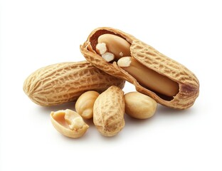 Two peanuts in shells, one open, with three shelled peanuts beside.