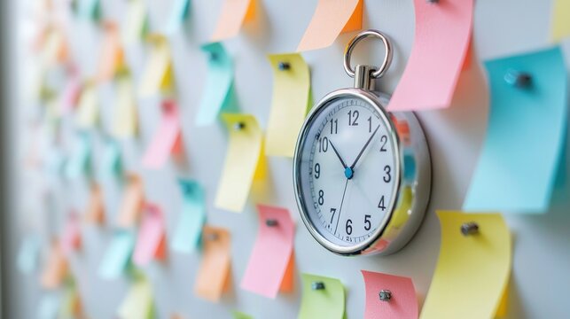 A white clock hanging on a wall with colorful sticky notes. - Powered by Adobe