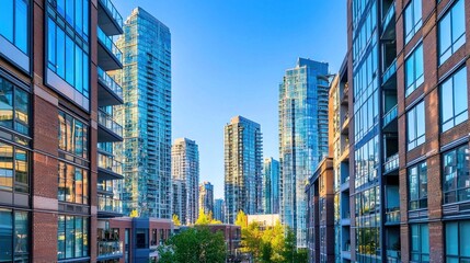 Obraz premium A bustling cityscape with modern high-rise buildings and a clear blue sky in the background.