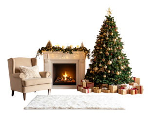 “Warm Christmas Living Room Setup with Fireplace and Paneled Wall, Isolated PNG”