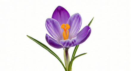 Fototapeta premium Vibrant Purple Crocus in Full Bloom with Delicate Stripes and Yellow Center Against a Clean White Background