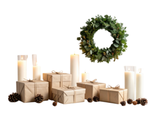 A minimalist and elegant Christmas setup with a simple wreath of pine and eucalyptus eled wall, accompanied by ttly wrapped neutral-toned gift. Soft natu