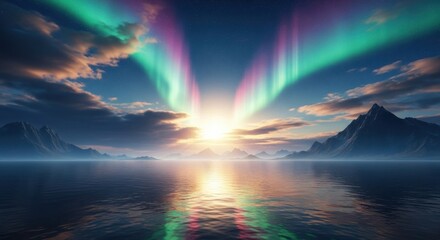 Majestic Aurora Borealis Dances Across the Arctic Sky Over Calm Waters and Snow Capped Mountains