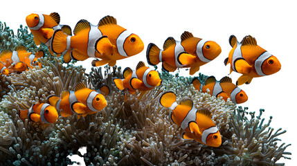 Vibrant clownfish swim gracefully amidst a thriving anemone, displaying the beauty of underwater marine life.