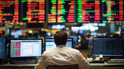 A man in a white shirt sits at a desk in a busy trading room, surrounded by multiple computer monitors displaying stock market data.