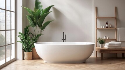 Fototapeta premium A modern bathroom with a white freestanding bathtub, wooden shelves, and green plants. The space is well-lit with natural light from a large window.