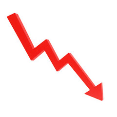 Red downward trending graph arrow isolated on transparent background