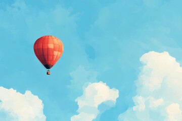 Naklejka premium Single red hot air balloon floats in a clear blue sky with fluffy white clouds.