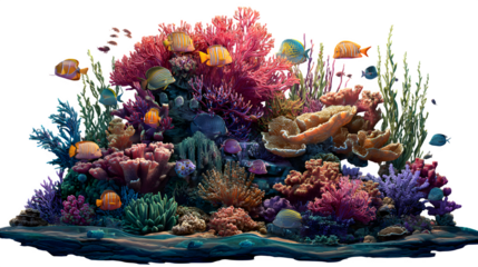 Vivid coral reef ecosystem teeming with colorful fish and diverse marine life against a contrasting dark background.