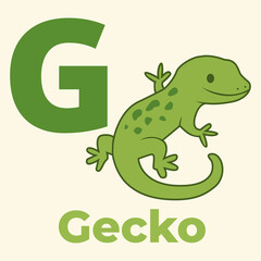 Adorable green gecko beside the letter G. Perfect for ABC flashcards, preschool learning posters, kids alphabet books, and educational printables. Flat vector cartoon style.