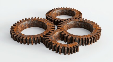 Four rusty gears interlocked, one broken.