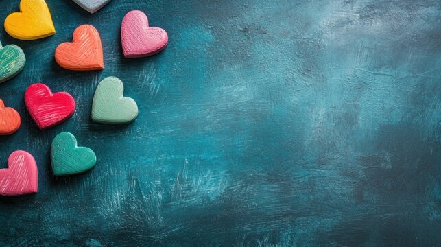 A colorful arrangement of heart-shaped objects on a textured blue background.