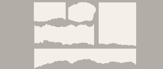 Torn paper piece collection. Beige shapes with jagged uneven edges. Ripped different paper fragment set. Textured grunge element bundle for collage, text box, banner, sticker, poster, flyer. Vector
